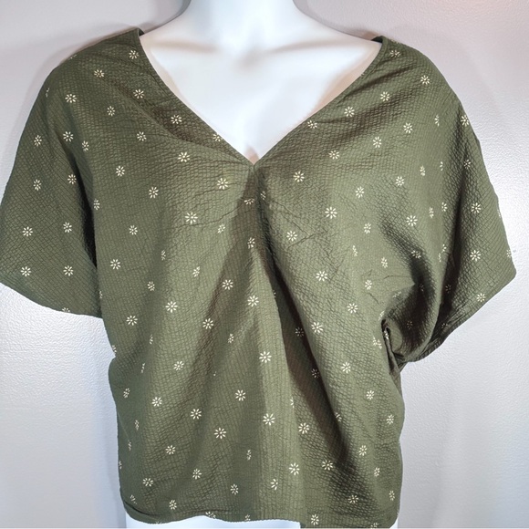 Olive Green Textured Floral V-Neck Top - Picture 6 of 10